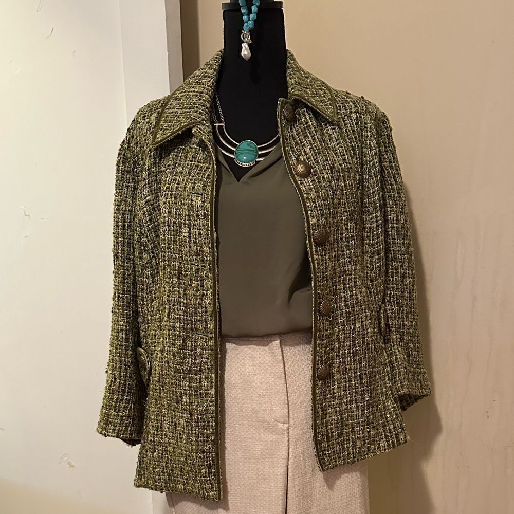 TravelSmith Elegant Green Tweed Jacket with Velvet Trim | Lined | Size 14 | EUC